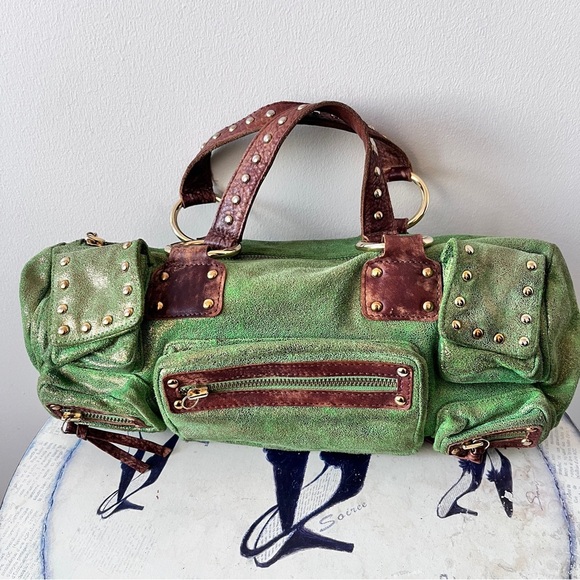 Vintage Y2K Betsey Johnson Metallic Green Leather Studded Cargo Bag - Picture 11 of 16